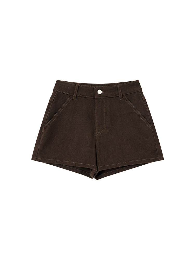 Dark brown shorts laid flat on a white background