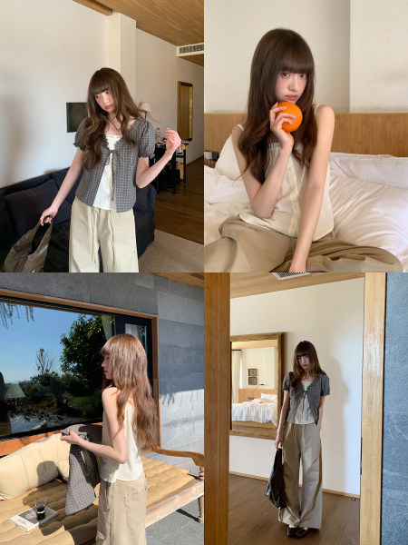 Collage of a model wearing a gray plaid short-sleeve top with cream wide-leg pants