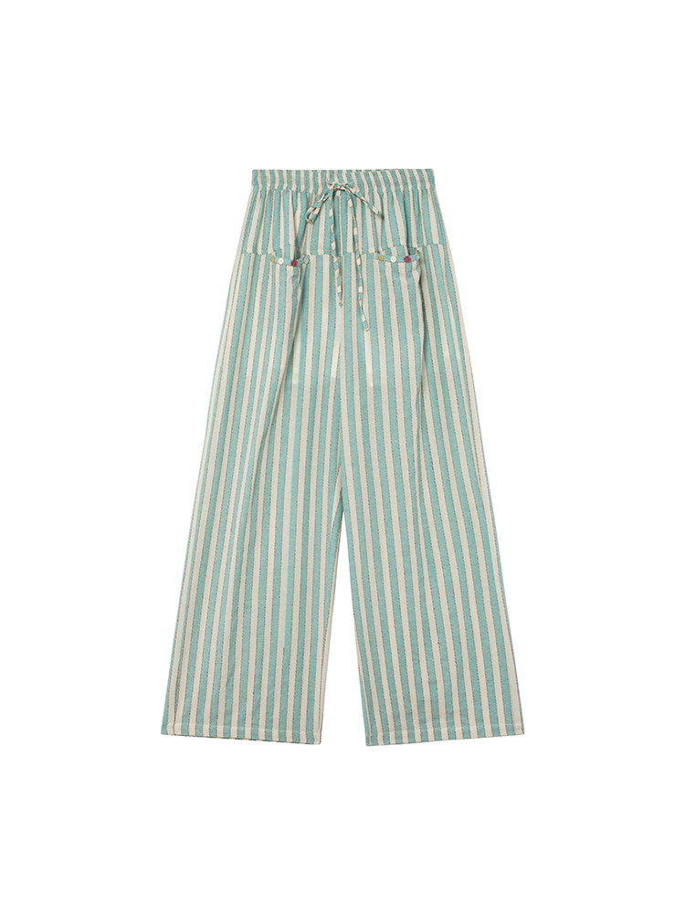 Striped wide-leg pants laid flat on a white background