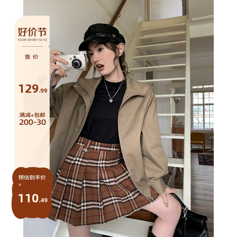 你好卡农 复古格纹高腰百褶半身裙女2023年新款小个子a字短裙早秋