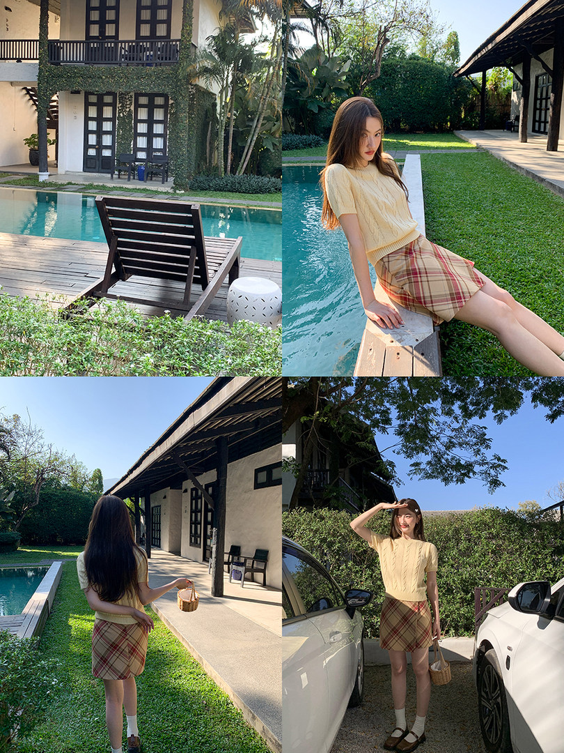 Woman wearing a pale yellow knit top with a plaid mini skirt in outdoor poolside scenes