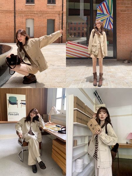 Beige casual jacket worn by a model in multiple lifestyle photos