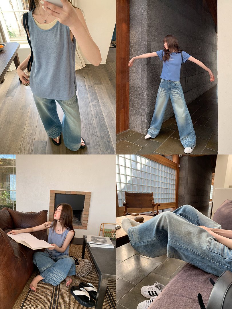 Woman wearing a blue sleeveless top with light wash wide-leg jeans in a casual outfit collage