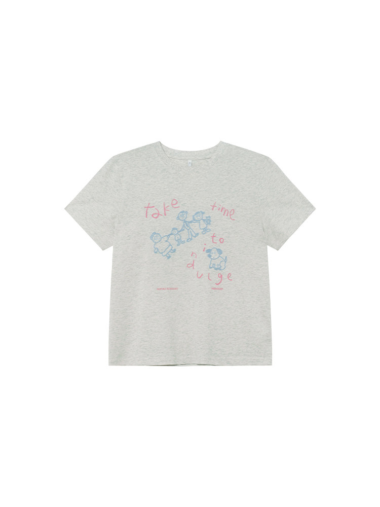 Light gray graphic t-shirt with a pastel cartoon print and text laid flat on a white background