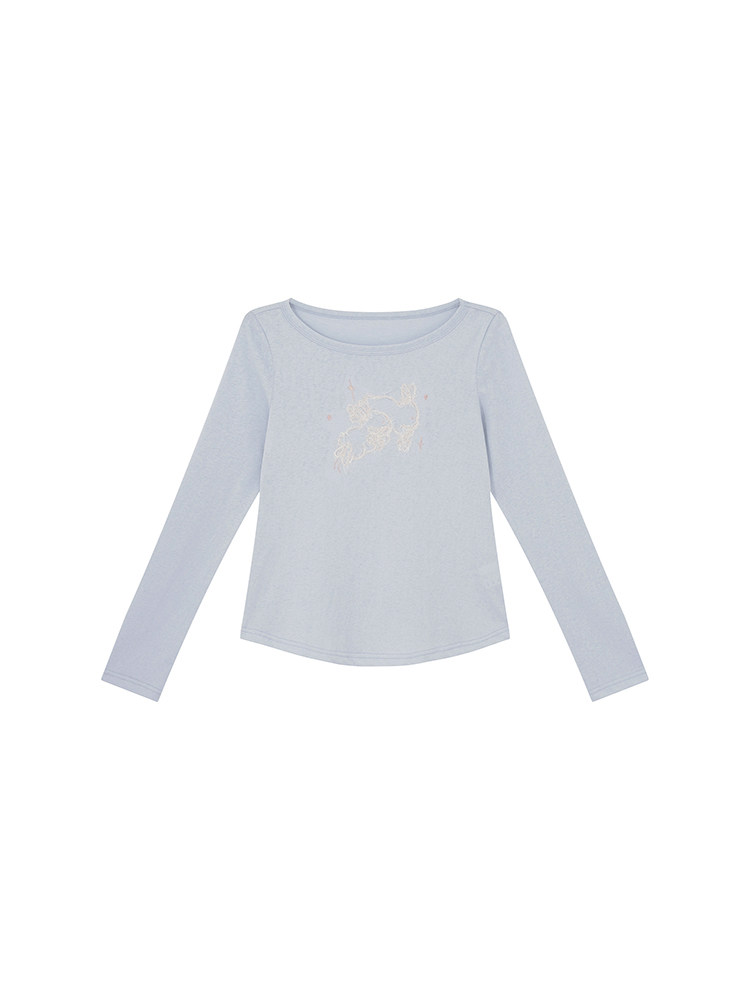 Light blue long-sleeve top laid flat on a white background