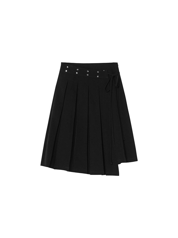 Black pleated wrap skirt with stud details on a white background