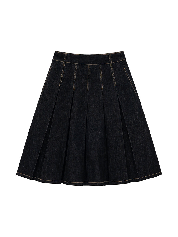 Black pleated denim skirt on a white background