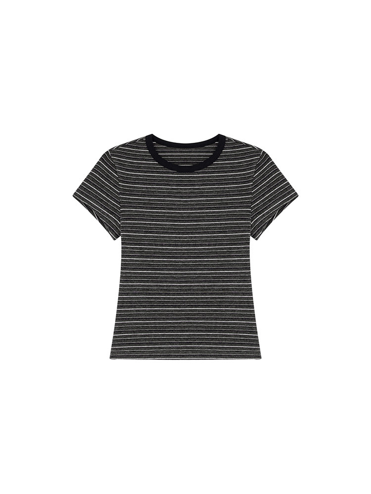 Black and white striped short-sleeve T-shirt on a white background