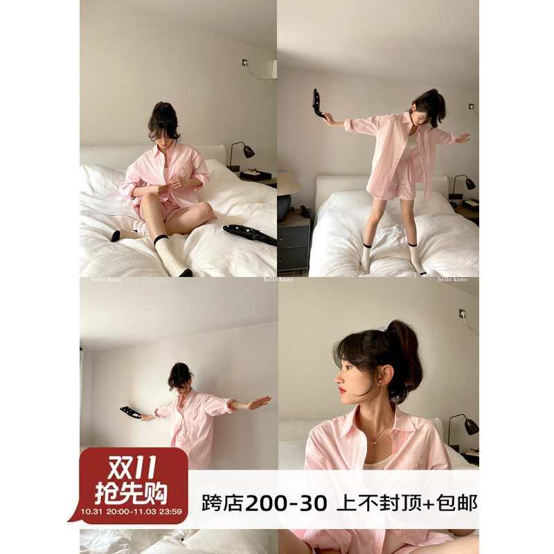 你好卡农 衬衫短裤休闲套装女夏季新款宽松衬衣高腰休闲裤两件套