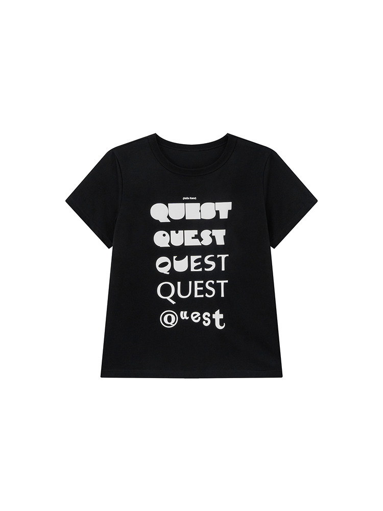 Black graphic T-shirt with repeated QUEST text print