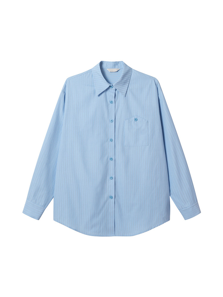 Light blue long-sleeve button-up shirt laid flat on a white background
