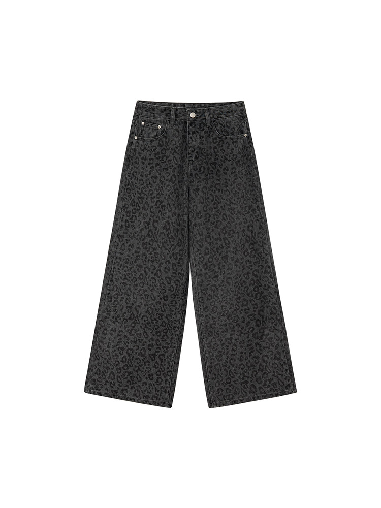 Black leopard print wide-leg pants on a white background