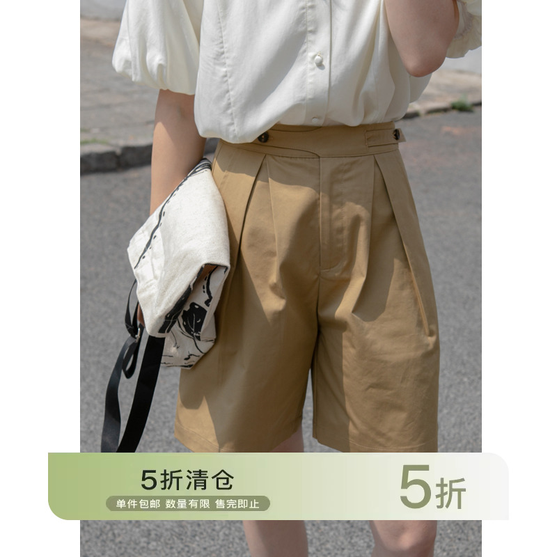你好卡农 个性高腰压褶阔腿短裤女夏辣妹薄款休闲宽松工装五分裤