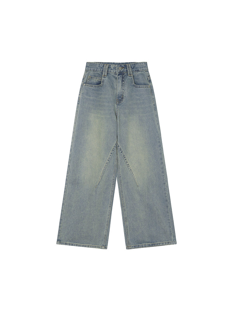 Light blue wide-leg denim jeans on a white background