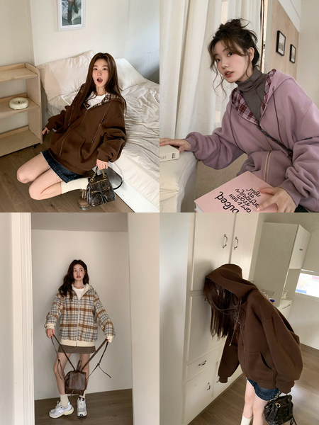 Collage of a model wearing oversized hoodies and a plaid jacket in casual indoor outfits