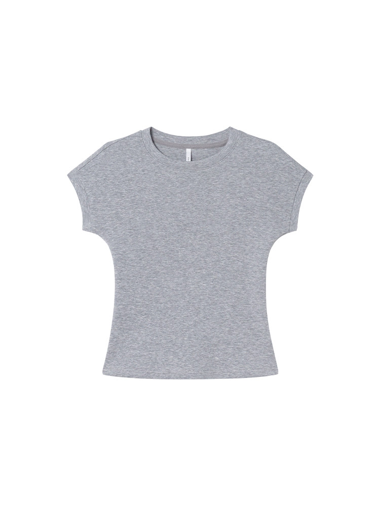 Grey short-sleeve t-shirt laid flat on a white background