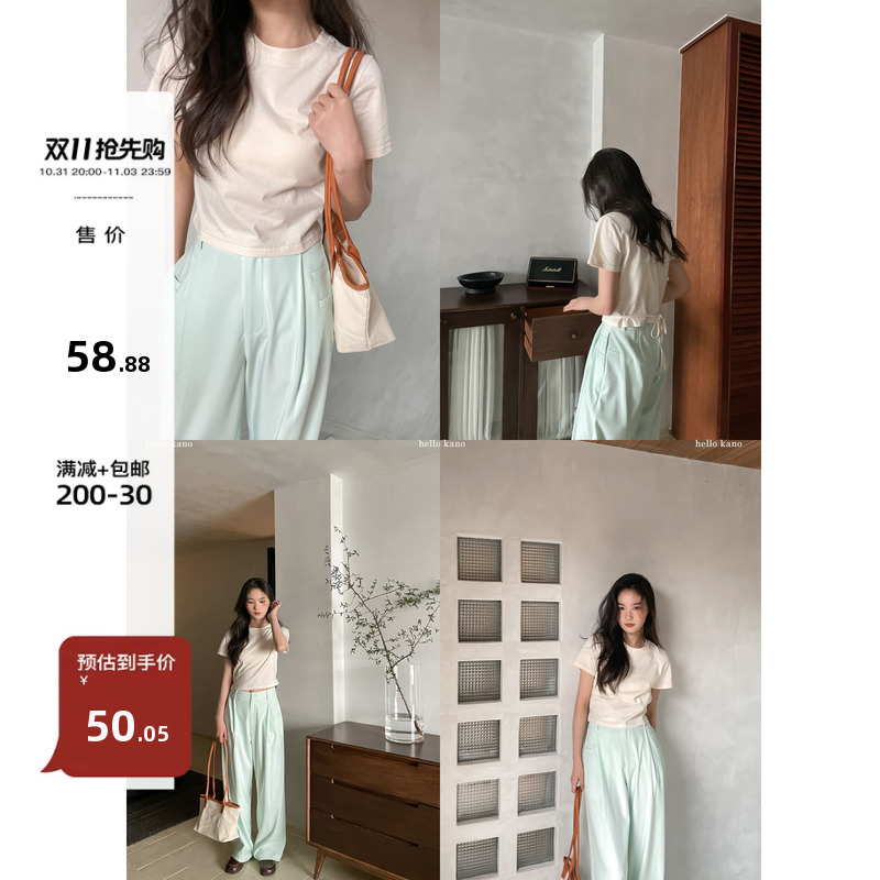 你好卡农 绑带设计感纯色t恤女夏季小个子高腰短款正肩体恤上衣潮