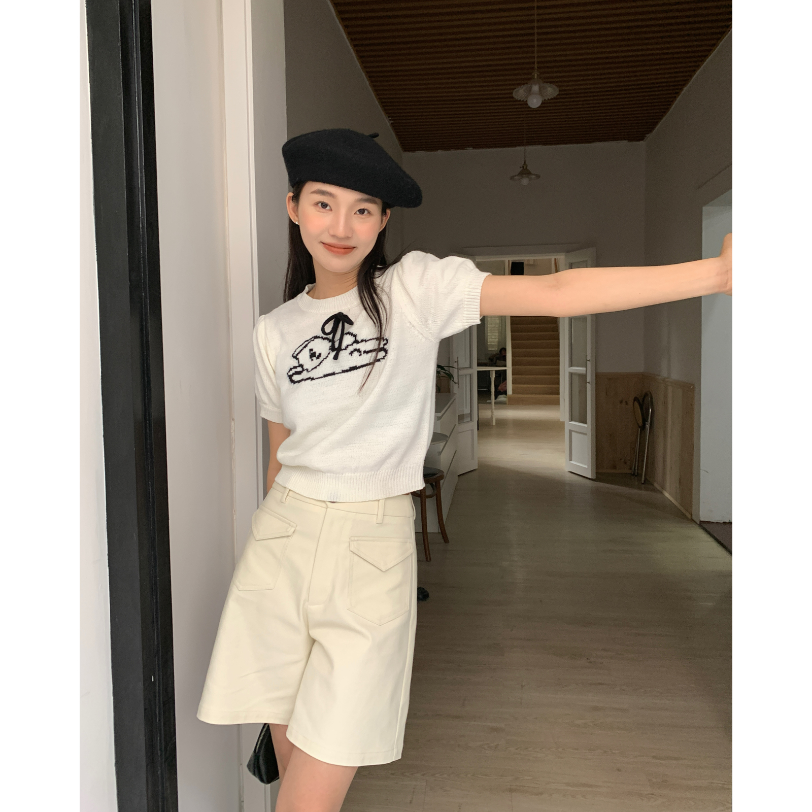 你好卡农 高腰直筒休闲短裤女2023年新款设计感小个子阔腿五分裤