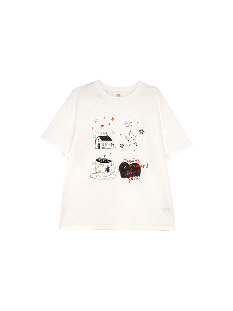 White graphic short-sleeve T-shirt on a plain background