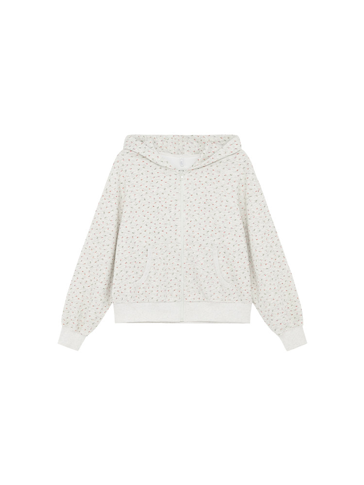 Light-colored hooded zip-up sweatshirt on a white background