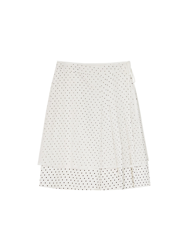 White polka dot wrap skirt on a white background