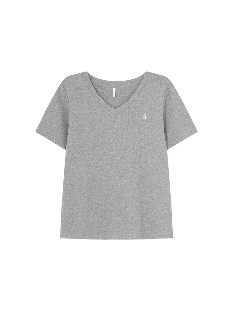 Gray V-neck short-sleeve T-shirt laid flat on a white background