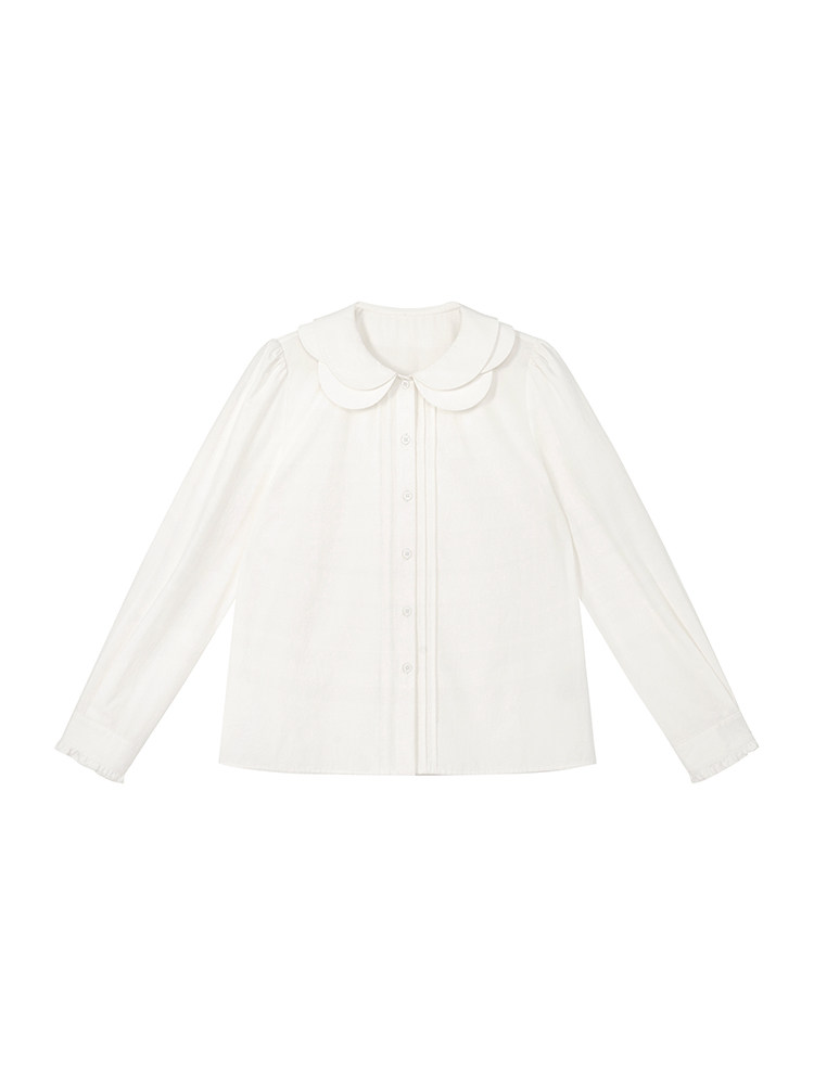 White long-sleeve button-up blouse with a Peter Pan collar on a white background