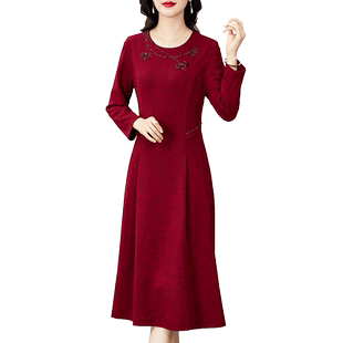 香妮芬高级感超好看镶钻连衣裙女2025新款秋季季妈妈款气质长袖裙