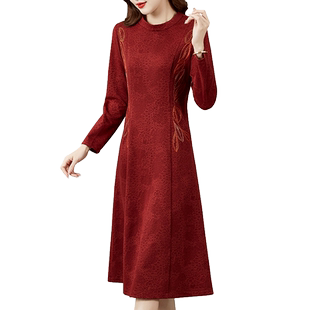 香妮芬高端气质轻奢中年妈妈连衣裙女2025新款秋季季圆领漂亮裙子