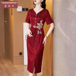 香妮芬高档金银丝醋酸缎面妈妈喜服2026新款夏喜婆婆婚宴装连衣裙