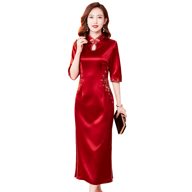 香妮芬高端醋酸妈妈婚宴礼服连衣裙2026夏季新喜婆婆精致气质旗袍