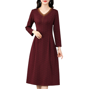 香妮芬中年妈妈款端庄大气连衣裙2025新款秋季气质长袖大摆裙子