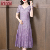 香妮芬紫色简单大方气质妈妈连衣裙女2025夏季 新款 显瘦V领大摆裙