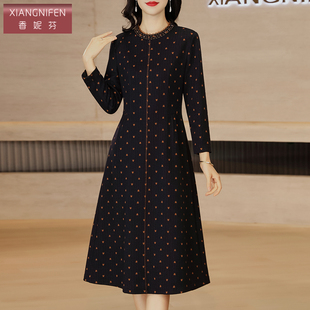 香妮芬漂亮设计感中年妈妈连衣裙2025新款秋冬长袖收腰深蓝色裙子