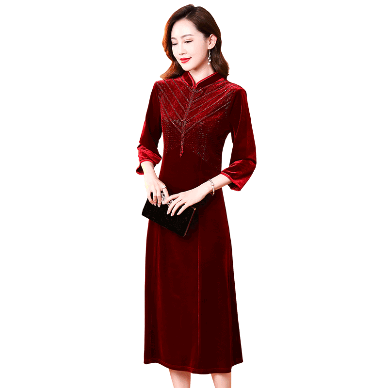 香妮芬绣花钉珠通勤修身中年妈妈婚宴礼服连衣裙女2025新款春季季