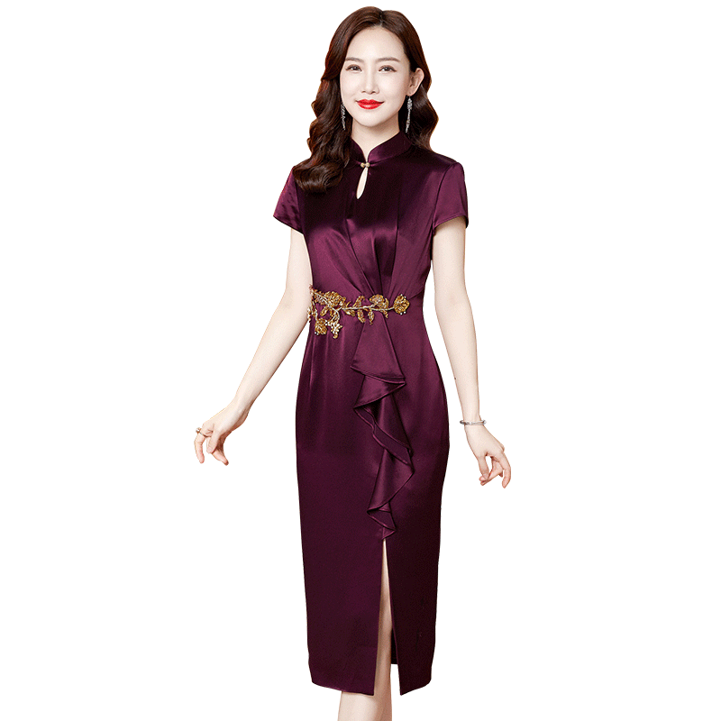 香妮芬重工钉珠妈妈婚宴礼服2025新款夏季喜婆婆宴会装收腰连衣裙