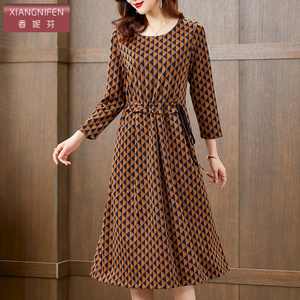 香妮芬高端格子高级感中年妈妈连衣裙2026新款春季系带收腰羊毛裙