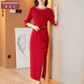 2025新款 香妮芬高端大气喜婆婆装 品牌婚宴装 夏丈母娘喜妈妈包臀裙