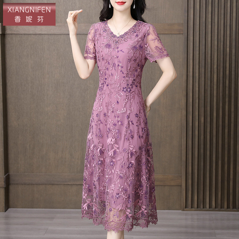 香妮芬阔太太洋气高贵V领短袖气质连衣裙2026夏季新款气质妈妈裙