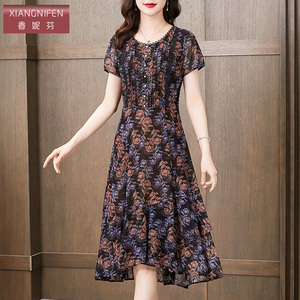 香妮芬气质台湾纱弹力连衣裙2026新款夏季中年妈妈品牌高档短袖裙