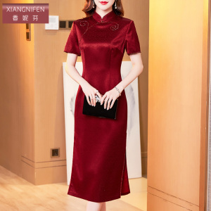 香妮芬高端醋酸气质手工钉珠妈妈婚宴旗袍连衣裙2026新款春夏婚庆