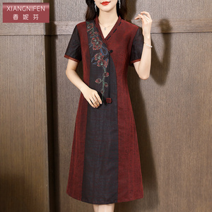 香妮芬国风复古香云纱真丝妈妈连衣裙女2026新款夏季高端桑蚕丝裙