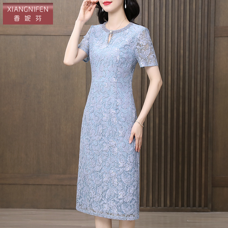 香妮芬蓝色减龄蕾丝连衣裙女轻奢高级感2025新款夏季女装高端精致