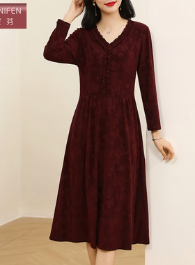 香妮芬优雅气质红色v领长袖妈妈巨好看连衣裙女显瘦2026春季新款