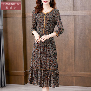 香妮芬高端台湾网纱连衣裙女2026新款早春中袖修身显瘦气质妈妈裙
