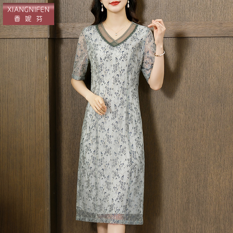 香妮芬高端精致蕾丝连衣裙女2023新款夏季妈妈遮肚子减龄休闲裙子