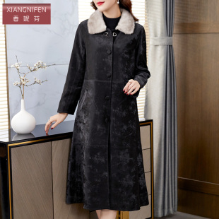 外套 过膝修身 高贵优雅绵羊皮水貂毛领皮草女2026新款 冬复古中长款