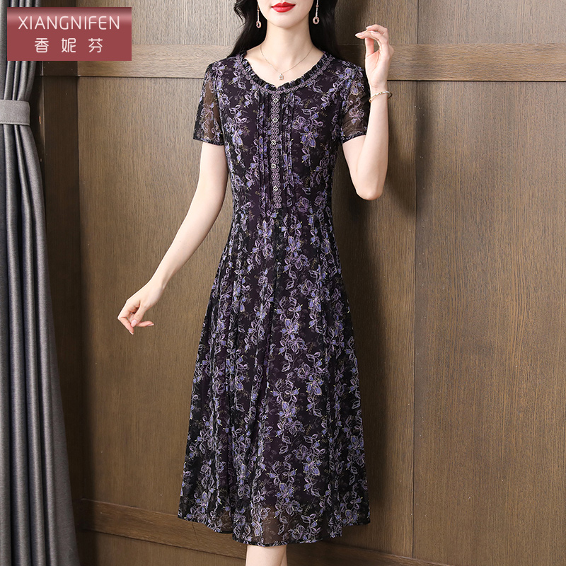 香妮芬圆领气质弹力网纱中年妈妈连衣裙2025夏季新款高端品牌洋气