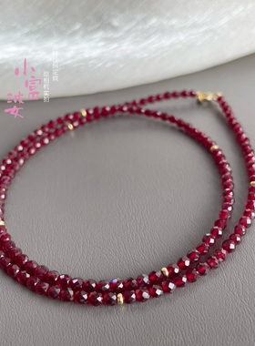 安克拉宝石红色刻面深色红尖晶锁骨毛衣链刻面石榴石色新款女串珠