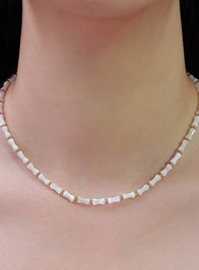 百搭之王!竹节白色贝母天然串珠高级项链叠戴锁骨链女